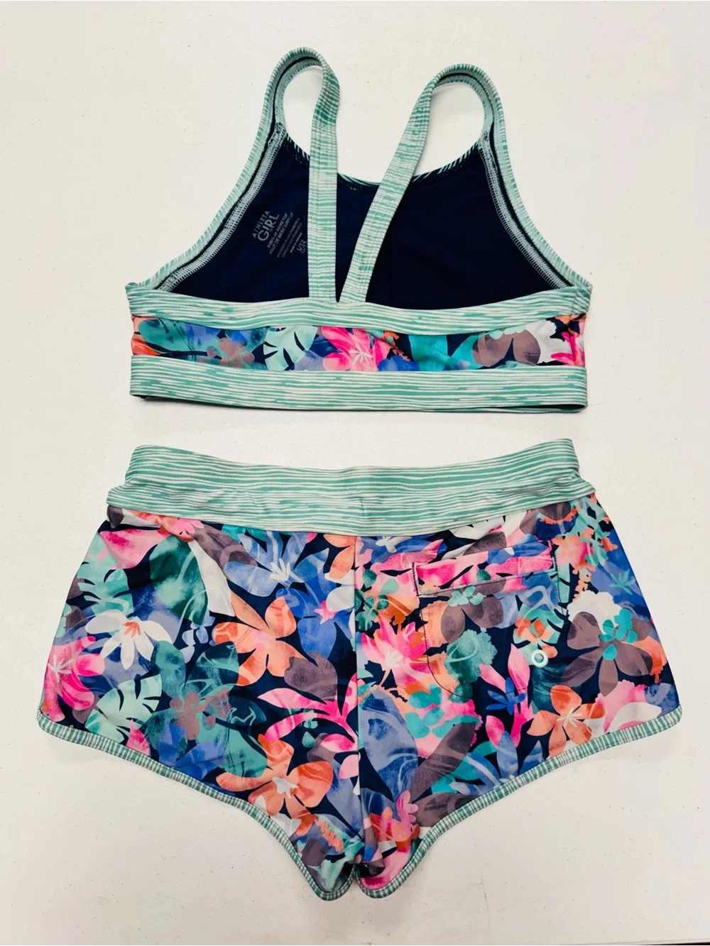 Athleta Girls Teal & Navy Floral Active Bikini Set, youth L (12)